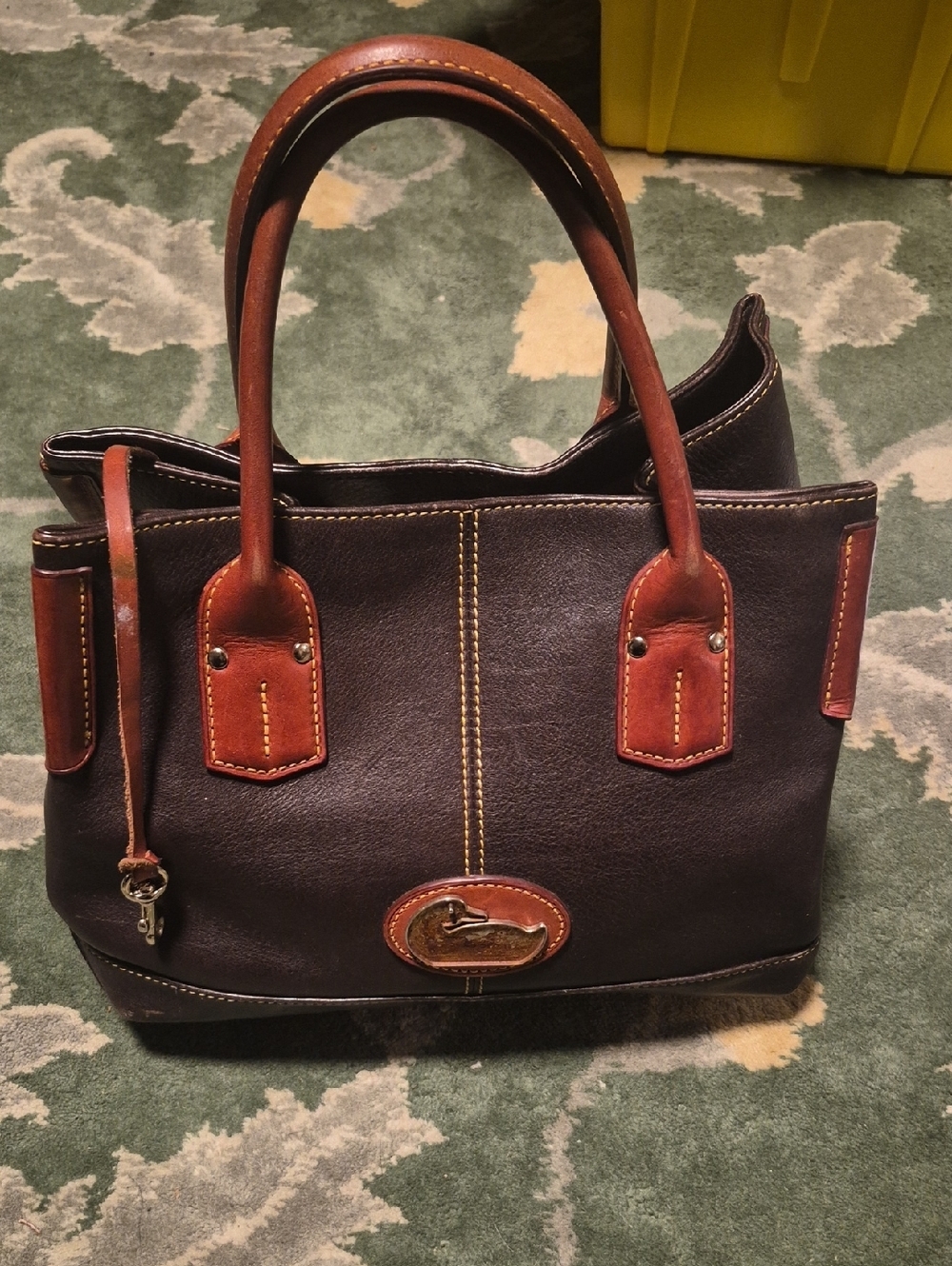 Dooney & Bourke Dark Brown Leather Tote with Tan Trim